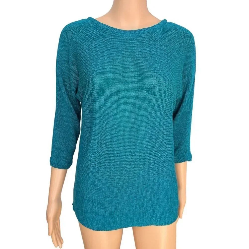 CHICO'S Womens Sweater Criss Cross Back 3/4 Sleeves Teal Green Chicos Sz 0 Small
